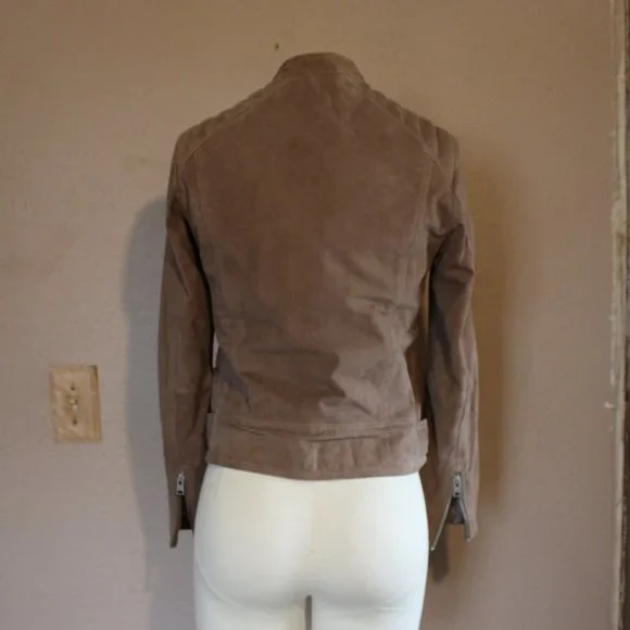 All Saints soft goat leather suede light drown stand collar jacket US-6/S UK-10